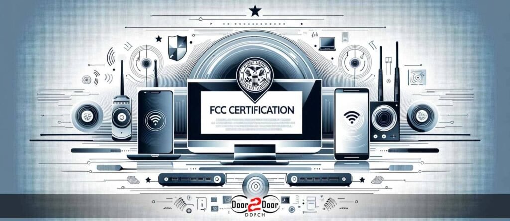 Infographic displaying 'FCC Certification' with images of electronic devices like laptops, smartphones, and Wi-Fi routers, set against a modern, circuit-patterned background.